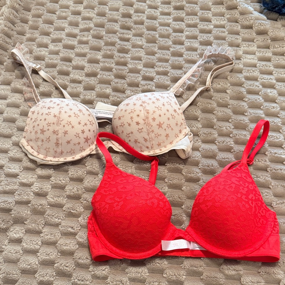 Victoria's Secret Red Lace Bra and Cream Star-Print Bra